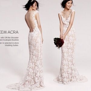 Reem Acra Eve Illusion Yoke Embroidered Lace Column Wedding Dress Gown